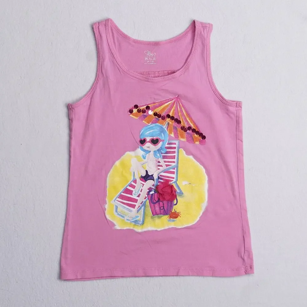 Childrens Place Girls Tank Top Pink Beach Girl Glitter Graphic Size M 7/8
